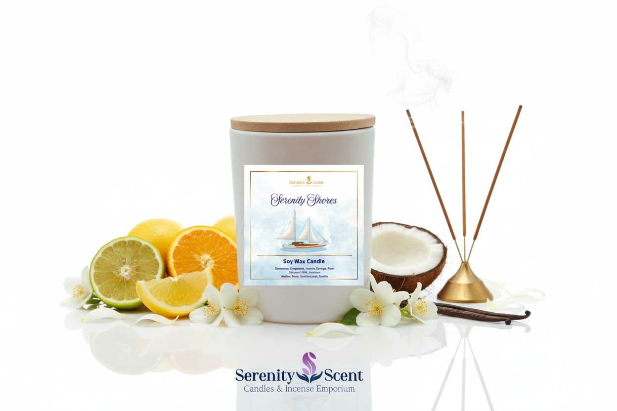 Serenity Shores 15oz – white background with coastal botanicals