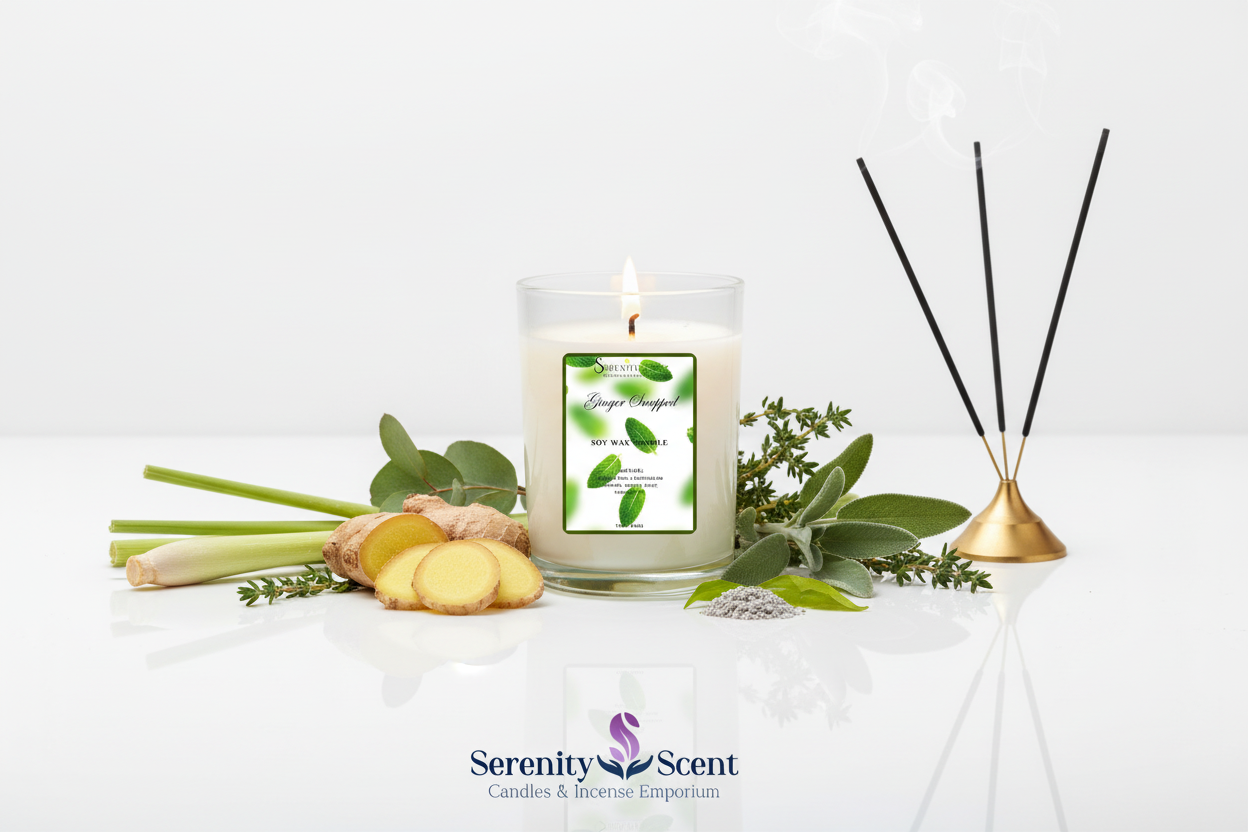 Ginger Snapped 7oz – white background with botanicals and incense